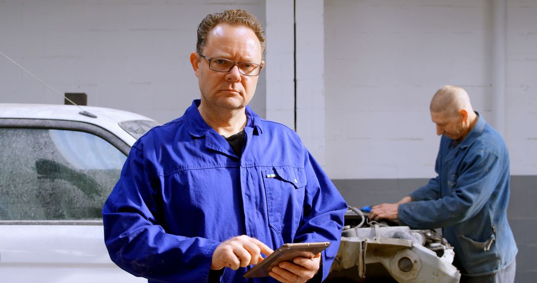 Caucasian Mechanic Using Tablet in Auto Repair Workshop - Free Images, Stock Photos and Pictures on Pikwizard.com