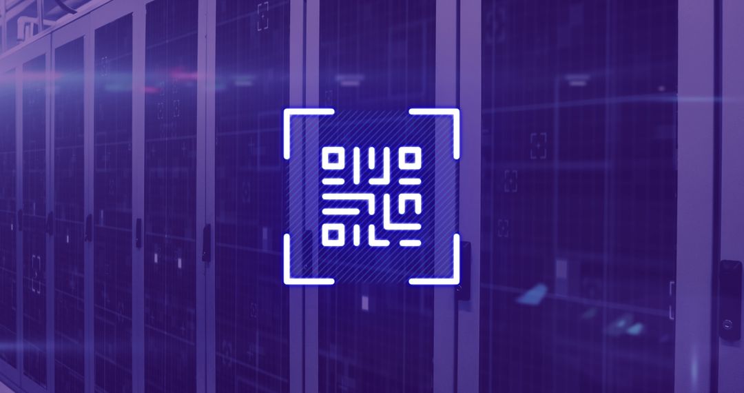 Futuristic Neon QR Code Overlay on Server Room Background