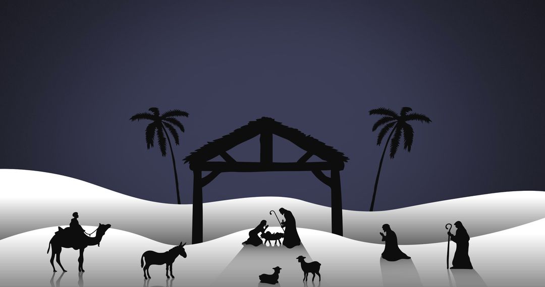 Silhouette of Nativity Scene on Snowy Evening Sky