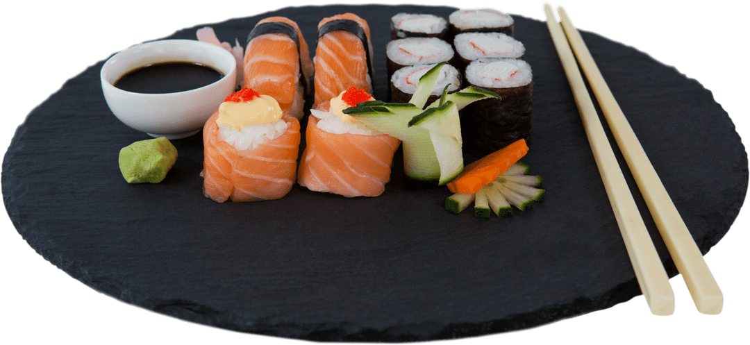 Japanese Cuisine Assortment on Round Slate Board with Transparent Background