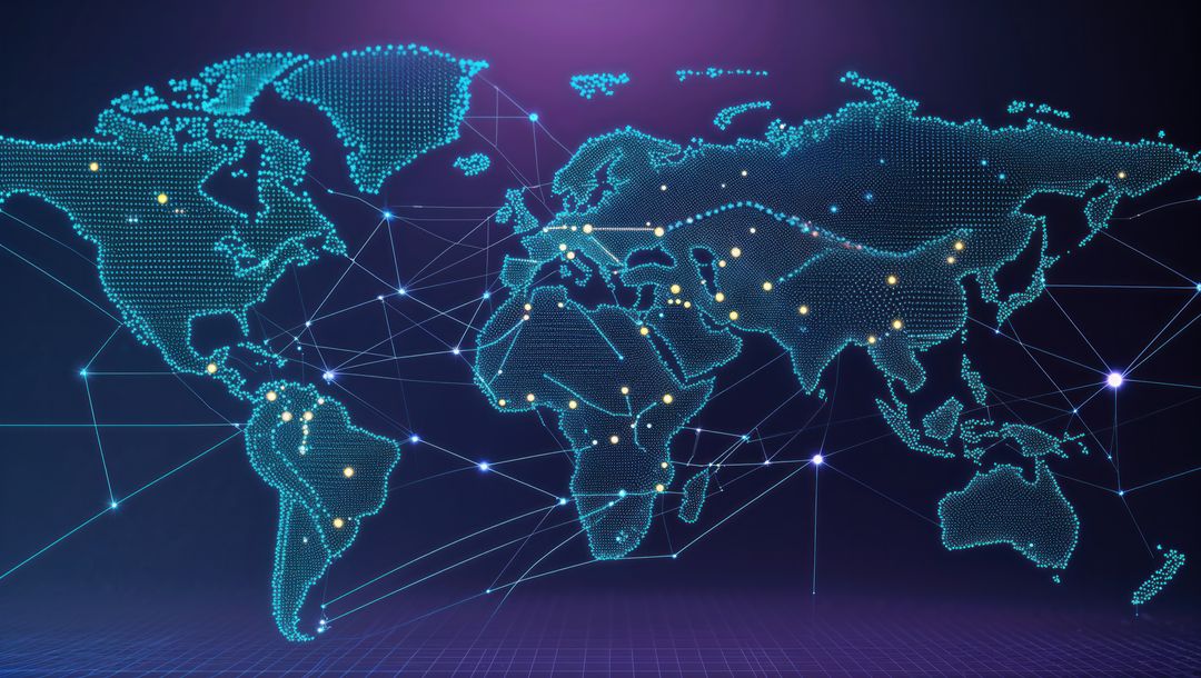 Futuristic World Map with Digital Connectivity Details