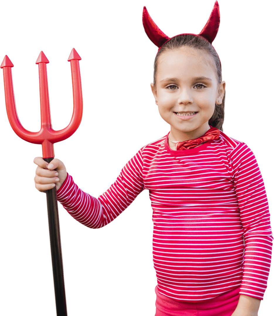 Smiling Girl in Devil Costume Holding Red Trident Transparent Background
