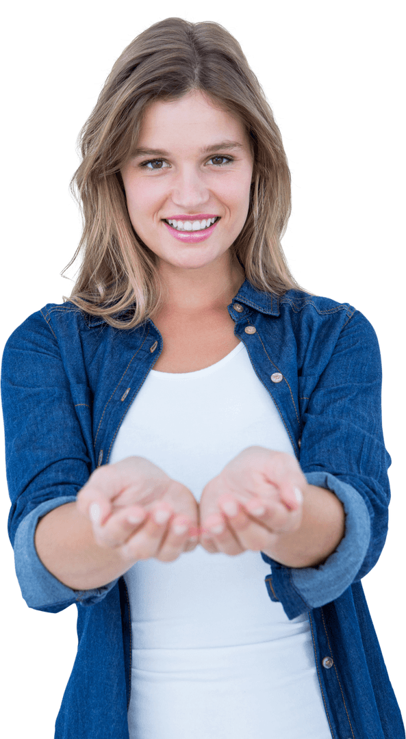 Smiling Woman with Outstretched Hands on Transparent Background