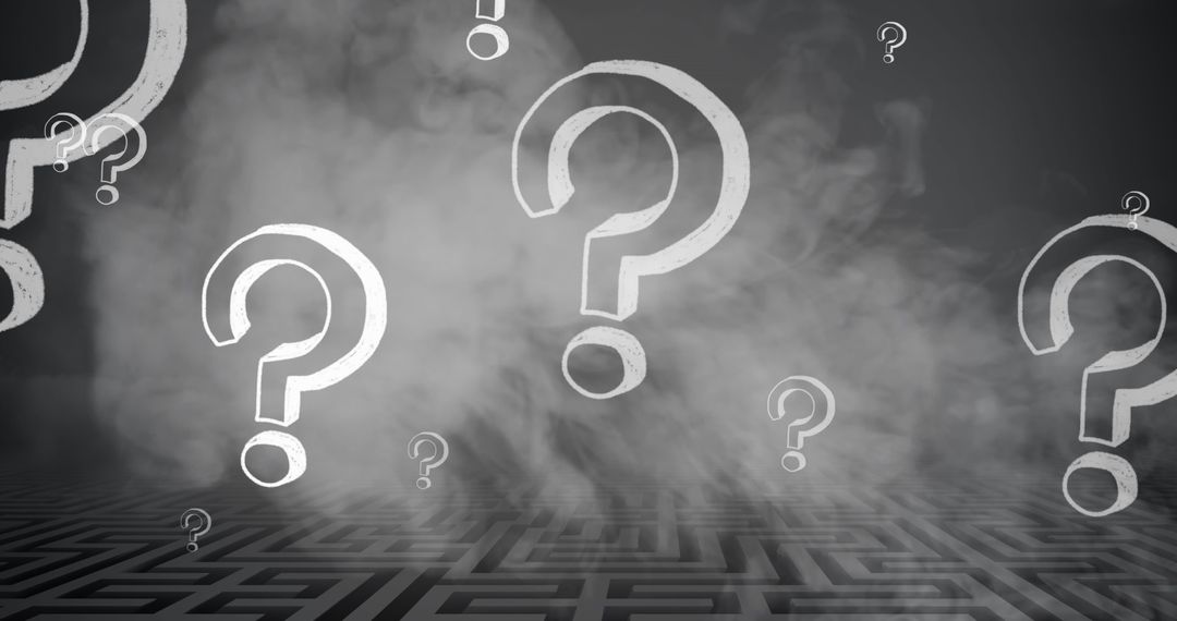 Floating Question Marks Over Smoky Maze Background