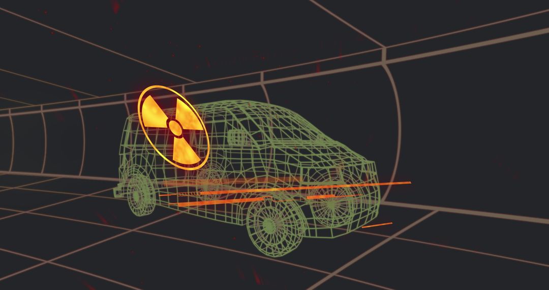 Digital Grid with Virtual Car Model and Radar Graphics on Black Background