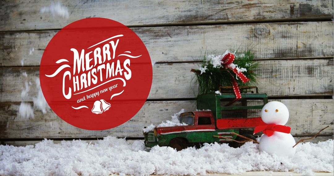Rustic Christmas Scene with Snowman and Festive Greetings