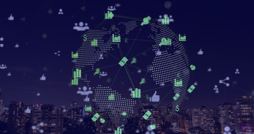 Student Engaging with Digital Data Networks over Nighttime Cityscape
