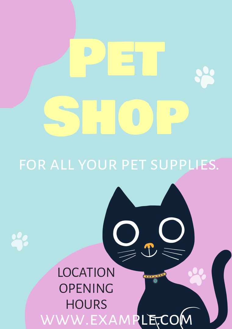 Charming Pet Shop Advertisement with Adorable Cartoon Cat