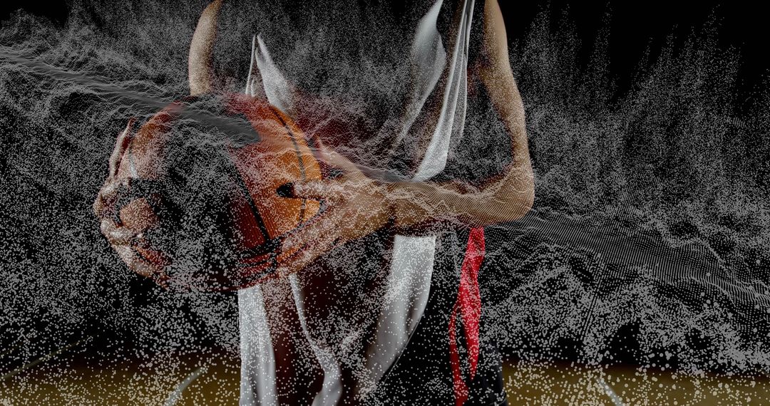 Dynamic Basketball Player with Digital Particle Effect in Studio