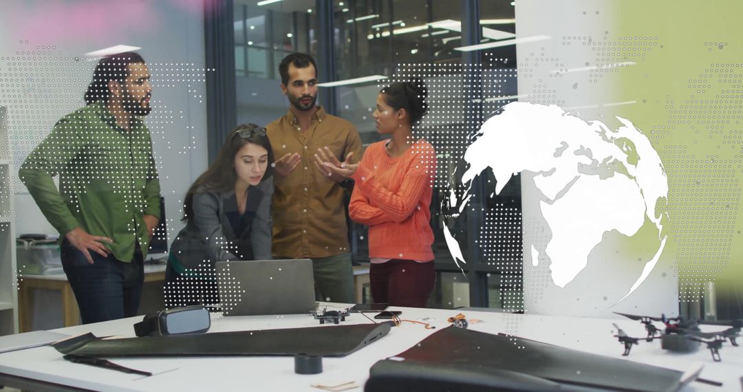 Diverse Team Collaborating with Digital World Map Projection