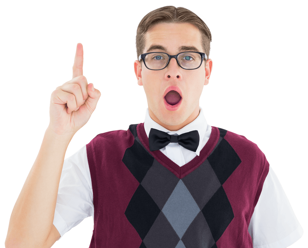 Transparent Geeky Hipster Pointing Up with Excited Expression