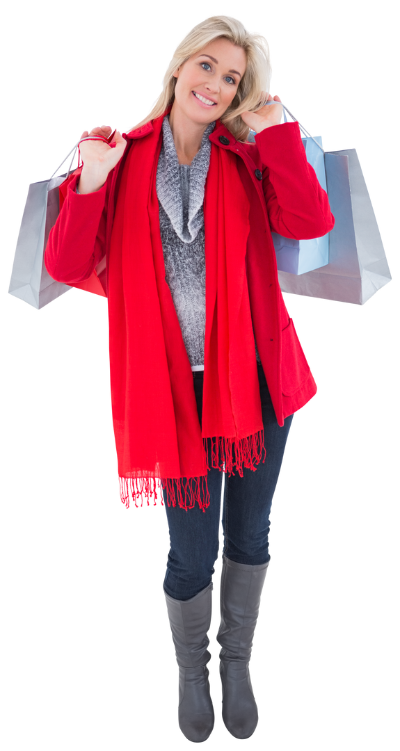 Blonde Woman in Winter Clothes Holding Shopping Bags on Transparent Background - Download Free Stock Images Pikwizard.com