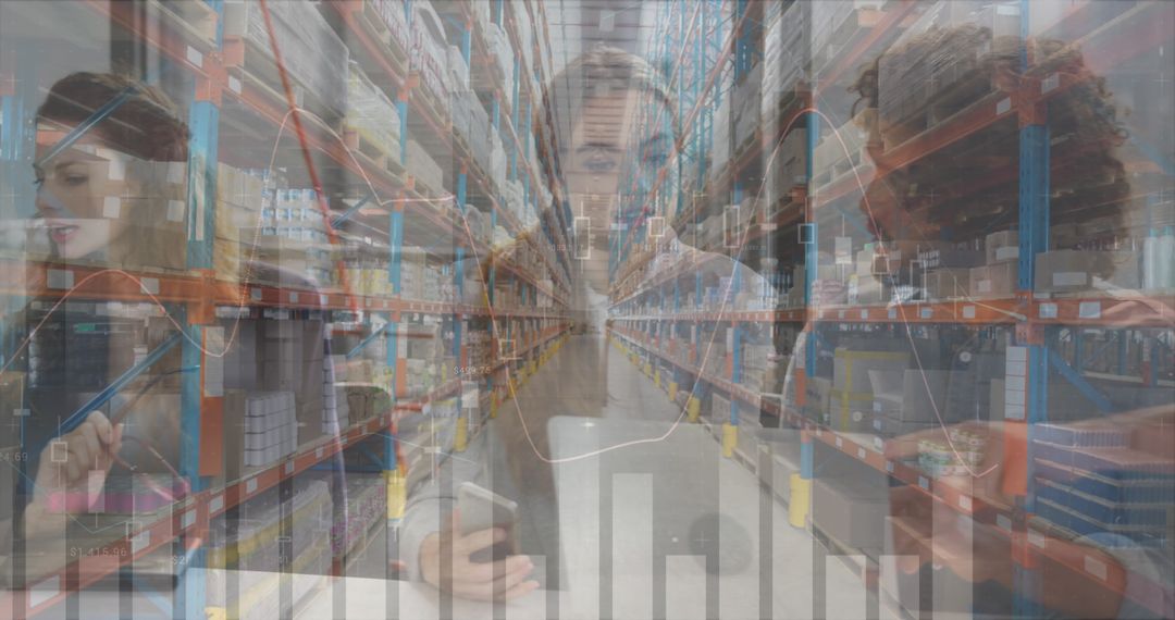 Financial Data Overlapping with Business.People in Warehouse Environment