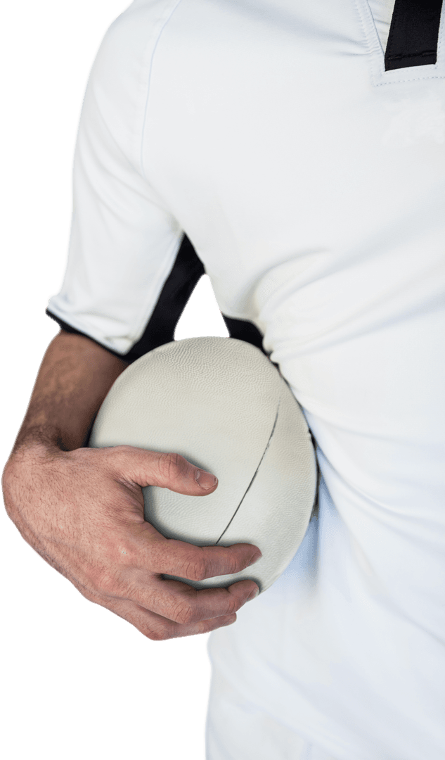 Transparent Rugby Player Holding Ball Close Perspective
