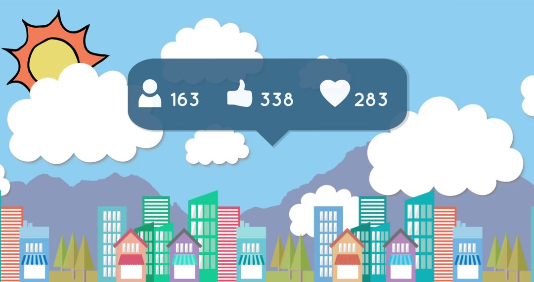 Floating Social Media Icons Above Colorful Cityscape Animation