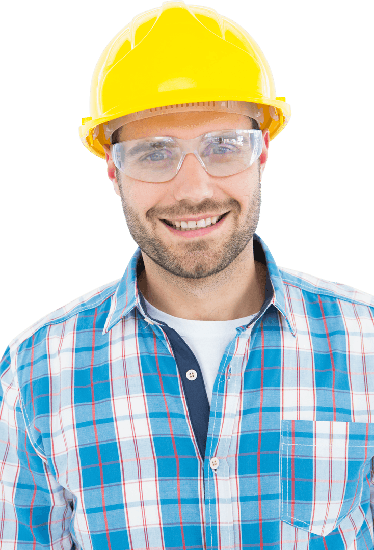 Smiling Repairman in Transparent Protective Eyewear and Hard Hat