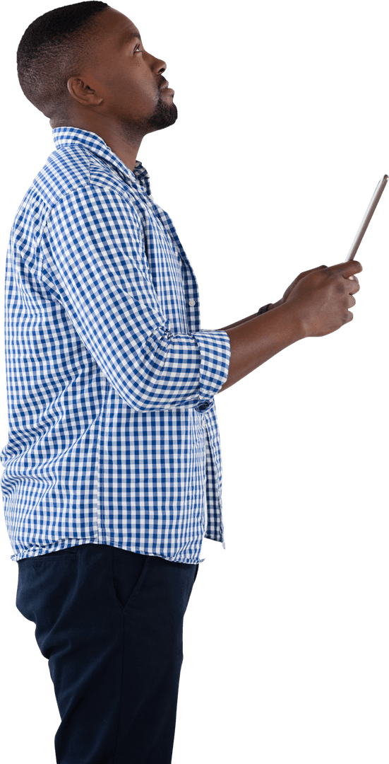 Thoughtful Black Man Holding Transparent Tablet Side View