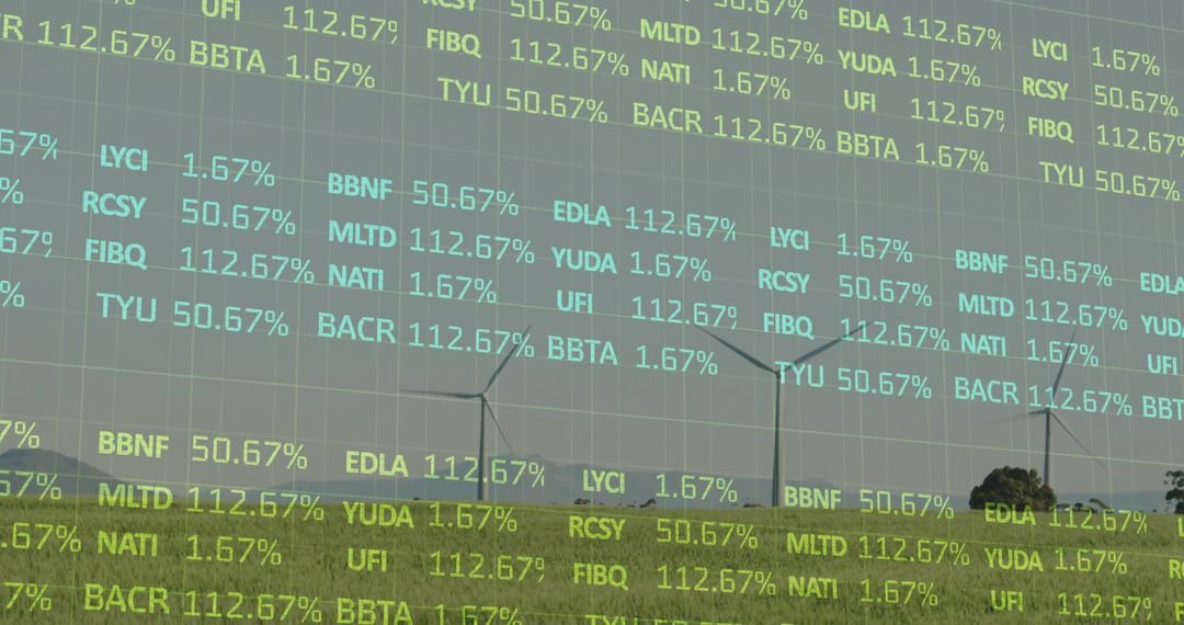 Digital Stock Ticker Overlay on Wind Turbines in Rural Landscape