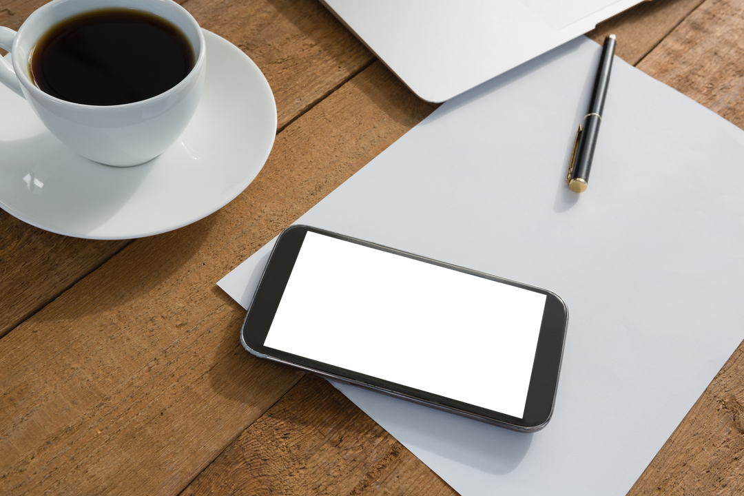 Transparent Mobile Phone, Coffee Cup, Paper, Pen on Wood Desktop - Download Free Stock Images Pikwizard.com