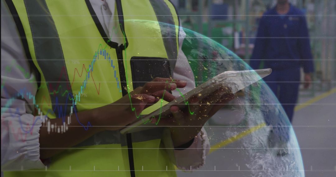 Engineer Using Tablet in Manufacturing Facility with Analytics Overlay