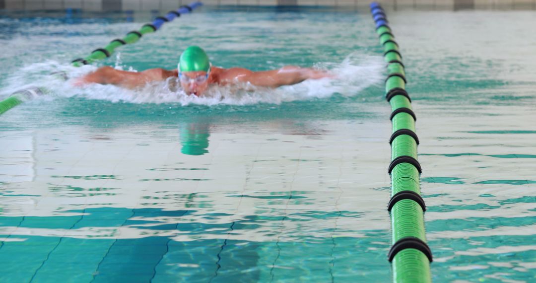 Male Swimmer Competing in Butterfly Stroke in Indoor Swimming Pool - Free Images, Stock Photos and Pictures on Pikwizard.com