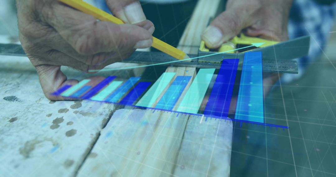 Carpenter Measuring Plank with Digital Graph Overlay Representing Data Analytics