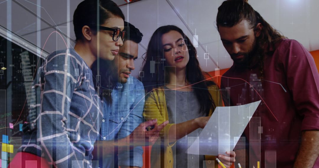Diverse Team Analyzing Financial Data with Digital Interface Background