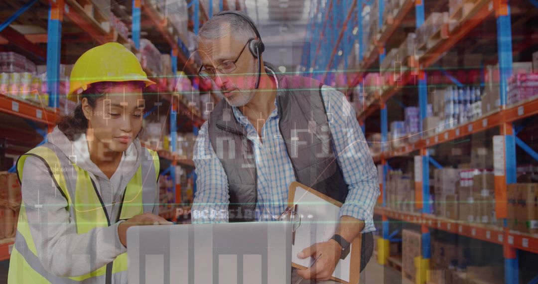 Warehouse Workers Analyzing Financial Data on Computer