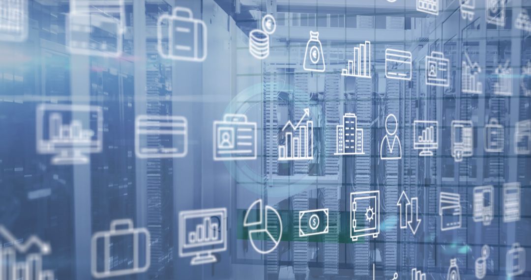 Digital Network Icons with Server Racks in Background