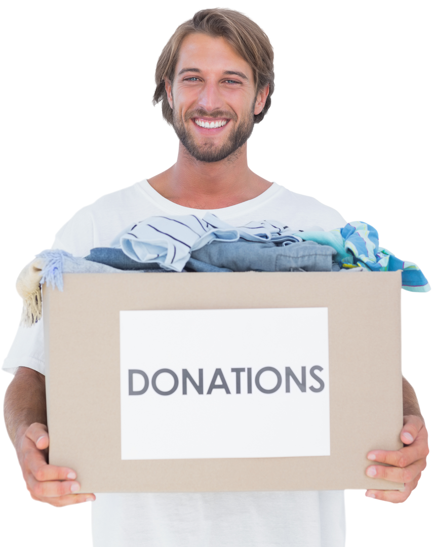 Happy Man Carrying a Transparent Box of Donations for Charity - Download Free Stock Images Pikwizard.com