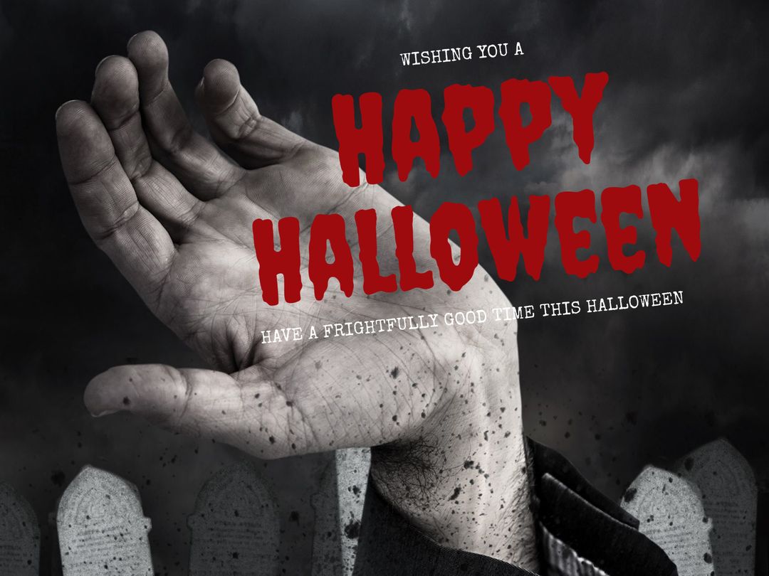 Haunting Halloween Greetings with Creepy Hand Against Dark Sky