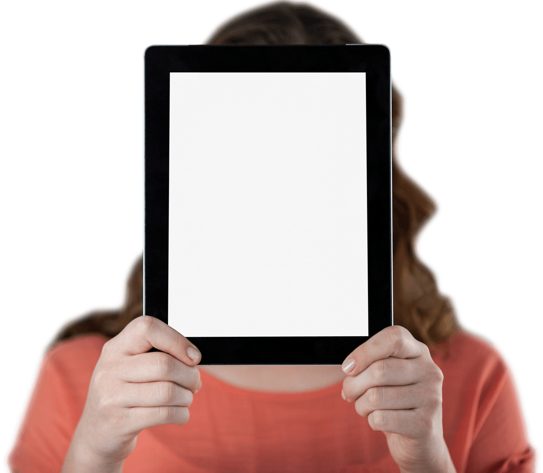 Woman Holding Tablet in Front of Face on Transparent Background