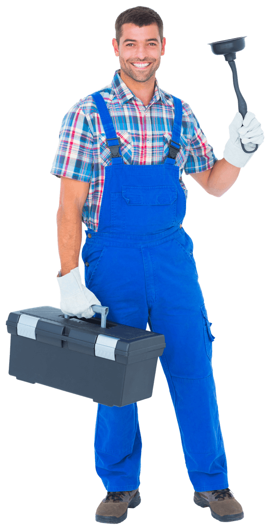 Transparent Smiling Plumber Holding Toolbox and Plunger