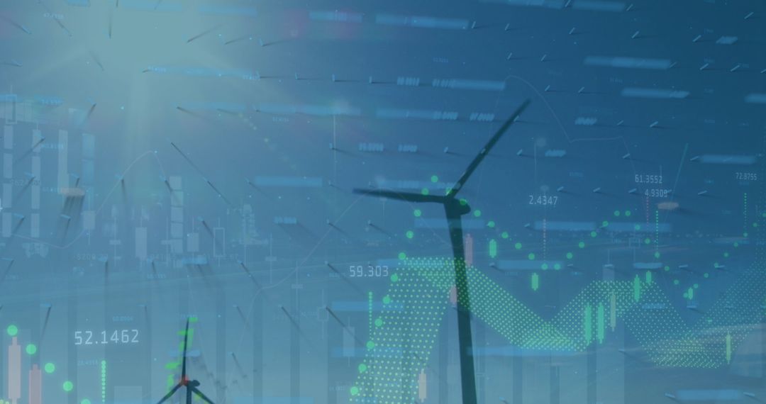 Composite of Wind Turbines and Data Visualization Illustrating Eco Technology