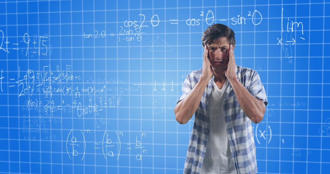 Confused Man Confronting Complex Math Equations on Board