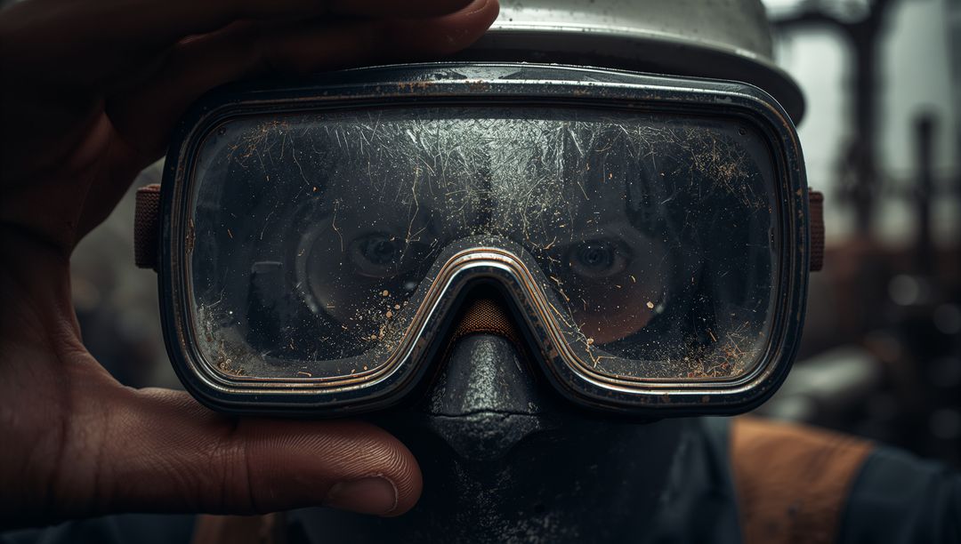 Worker Adjusting Scratched Safety Goggles in Industrial Environment