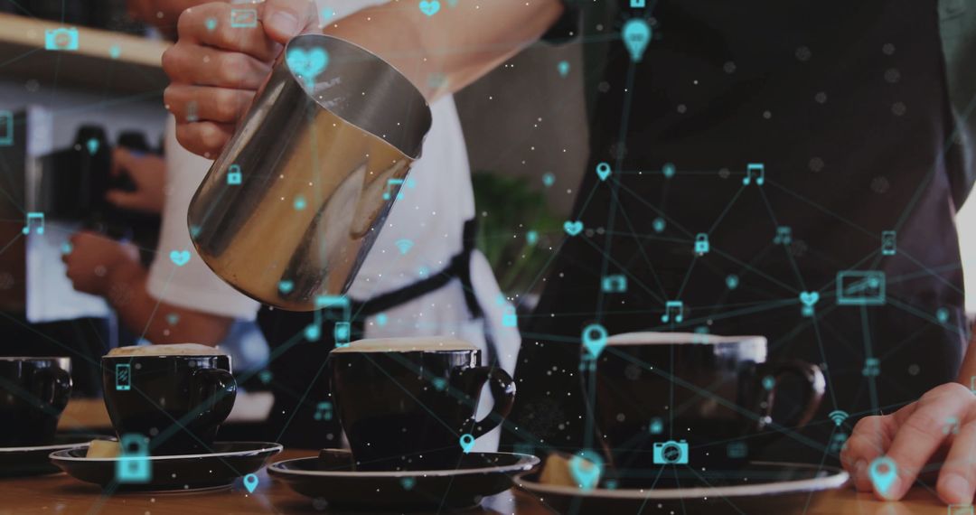 Barista Crafting Cappuccinos with Digital Network Overlay