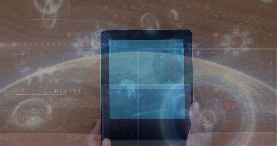 Hands Holding Tablet with Futuristic Digital Security Interface