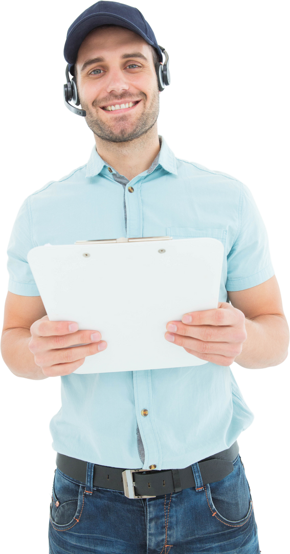 Transparent portrait of happy male courier holding clipboard with headset - Download Free Stock Images Pikwizard.com