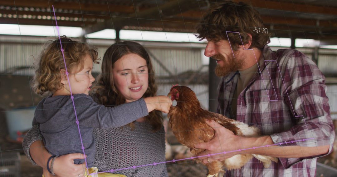 Image of financial data processing over caucasian family holding chicken - Free Images, Stock Photos and Pictures on Pikwizard.com