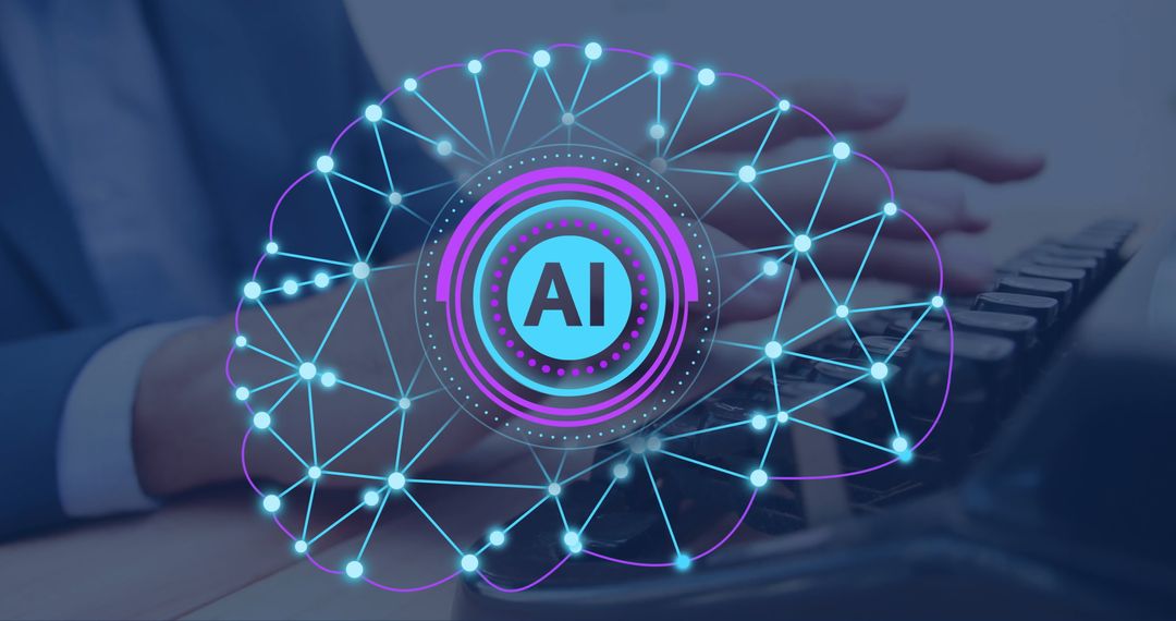 AI Brain Illustration with Data Network Over Typing Person