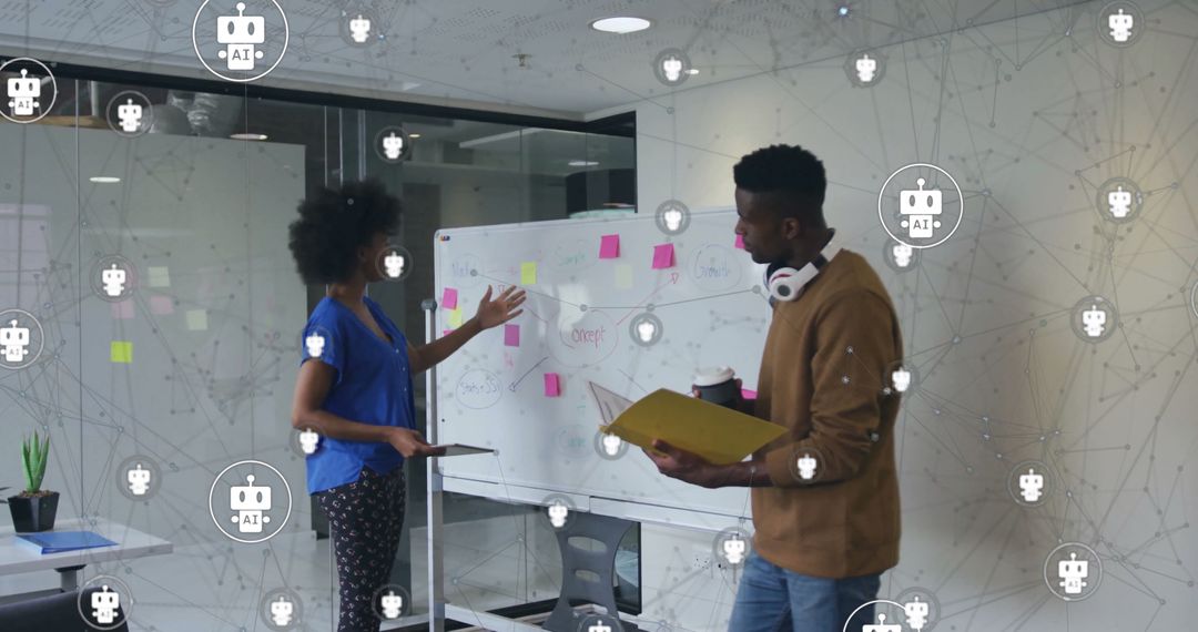 Diverse Professionals Brainstorming with Digital Interface Overlay