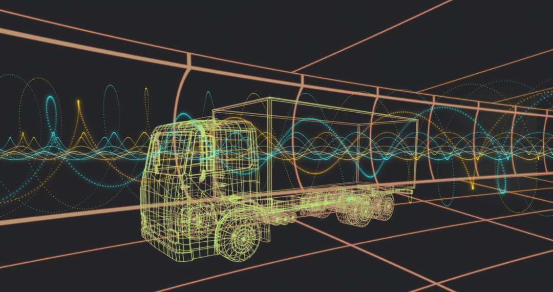 Futuristic Wireframe Cargo Truck in Digital Grid Tunnel