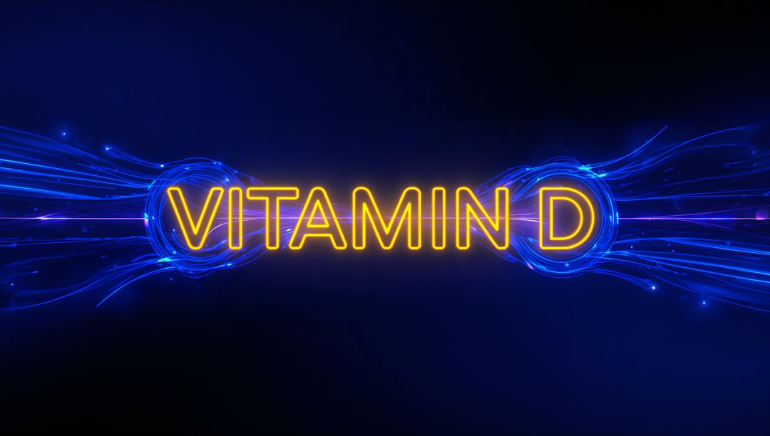 Neon VITAMIN D Sign with Futuristic Blue Energy Streams and Radiant Glowing Particles