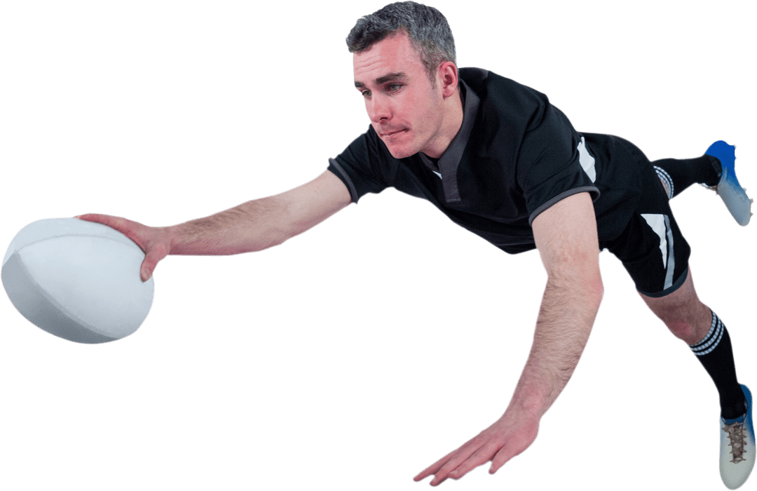 Rugby Player Scoring Try Mid-Air Transparent Background