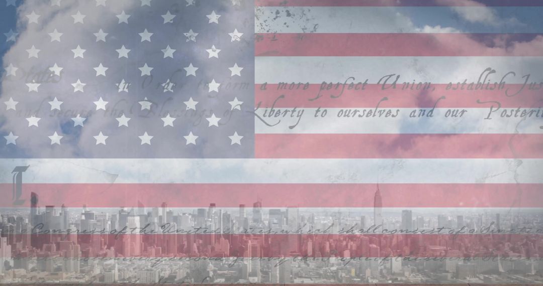 Blending American Flag with Cityscape and Patriotic Text