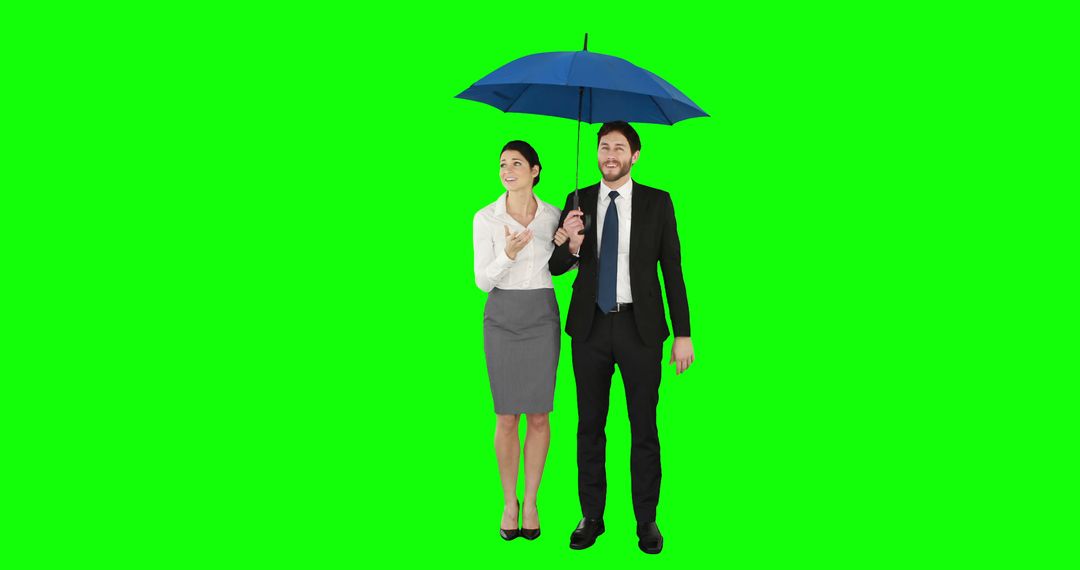 Business Professionals Standing Under Blue Umbrella on Green Screen - Free Images, Stock Photos and Pictures on Pikwizard.com