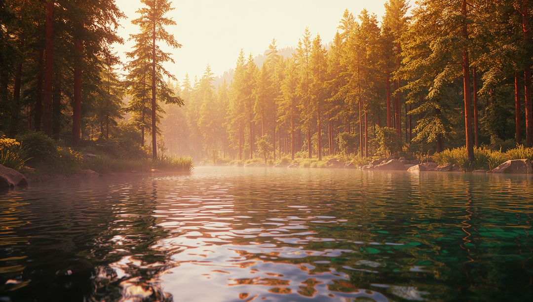 Serene Sunrise Over River with Misty Pine Forest Reflection
