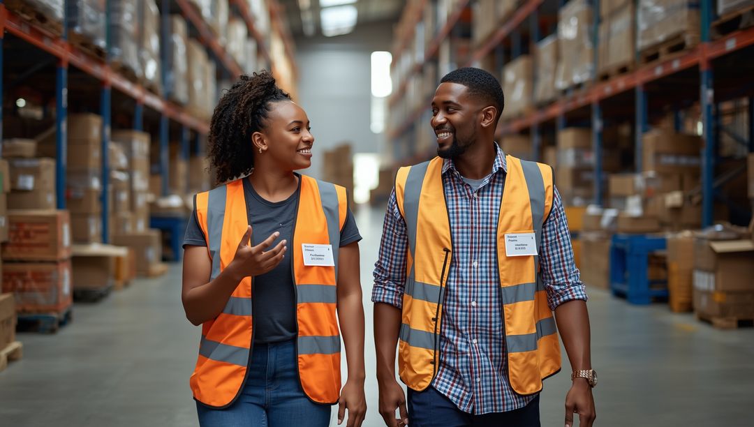 Happy Warehouse Supervisors Discussing Work in Stacked Aisle