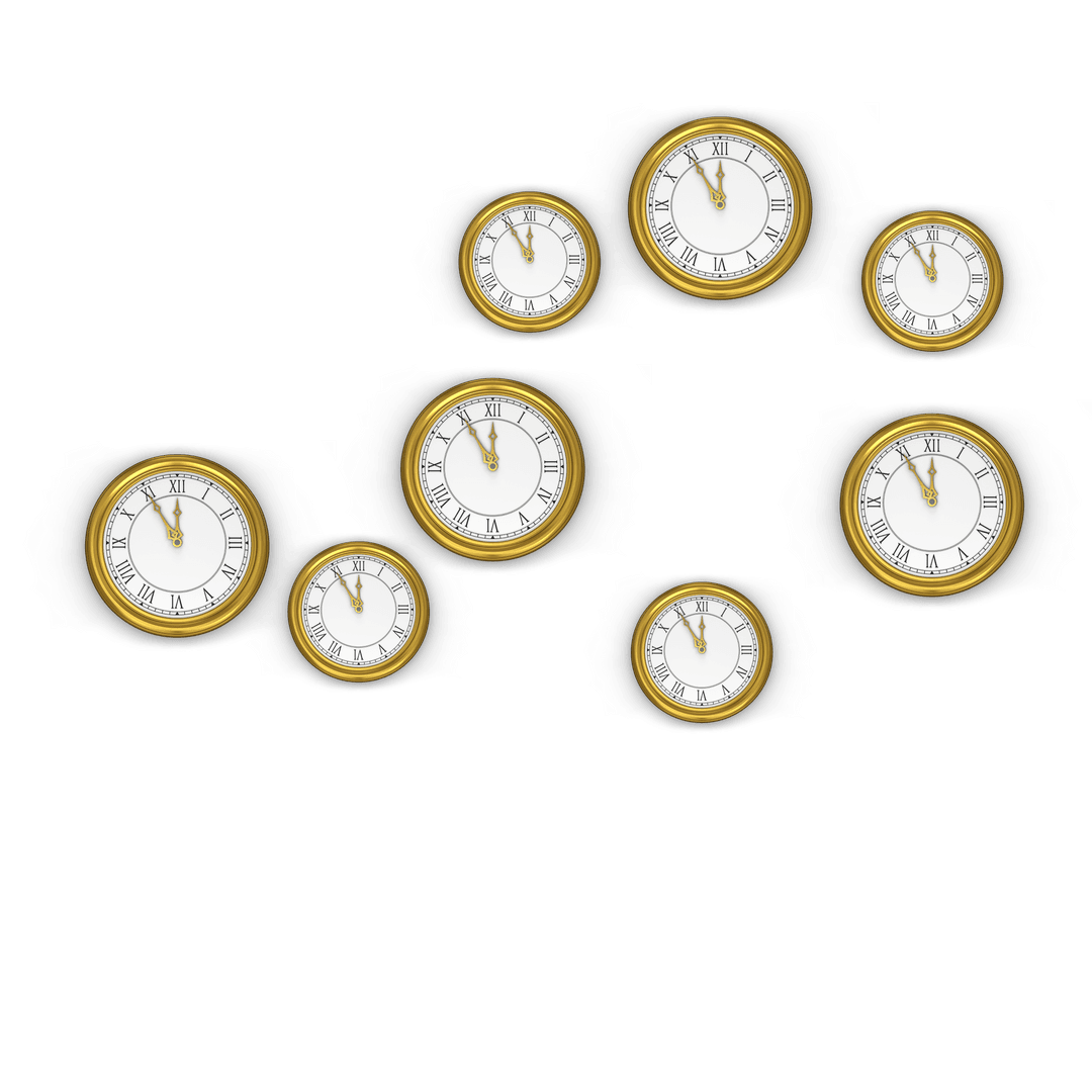 Golden Clocks on Transparent Background Illustrating Time Concept